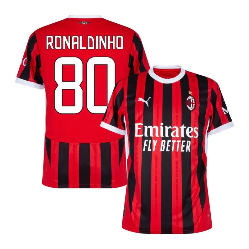 Camisa Milan Home 24/25 Torcedor Ronaldinho 80  Masculino (Personalização Ídolo)